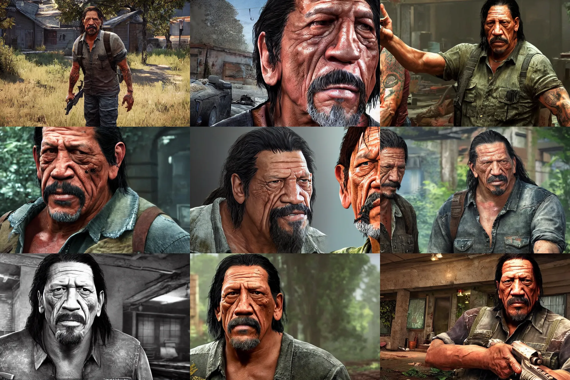 Prompt: a screenshot of danny trejo in the video game the last of us. 3 d rendering. unreal engine. amazing likeness. very detailed. cartoon caricature.