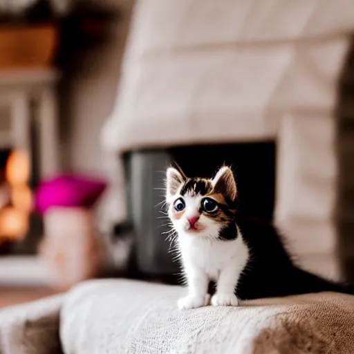 Image similar to A cute little kitten sits on the top of a plush heart-shaped pillow near fireplace, Canon EOS R3, f/1.4, ISO 200, 1/160s, 8K, RAW, unedited, symmetrical balance, in-frame