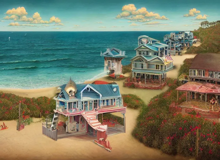 Image similar to australian beach house town, lowbrow, matte painting, 3 - d highly detailed, in the style of mark ryden,