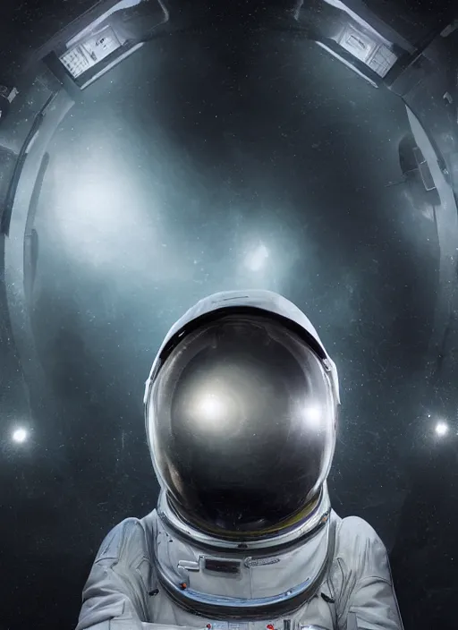 Image similar to complex poster by craig mullins astronauts taking selfie in futuristic dark and empty spaceship underwater selfie! infrared glowing lights. complex and hyperdetailed technical suit. reflection and dispersion materials. rays and dispersion of light. volumetric light. 5 0 mm, f / 3 2. noise film photo. flash photography. unreal engine 4, octane render. interstellar movie art