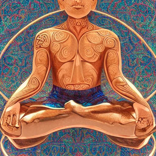 Image similar to incredible rose gold by john duncan. a conceptual art of a man with a large head, sitting in a meditative pose. his eyes are closed & he has a serene look on his face. his body is made up of colorful geometric shapes & patterns that twist & turn in different directions.