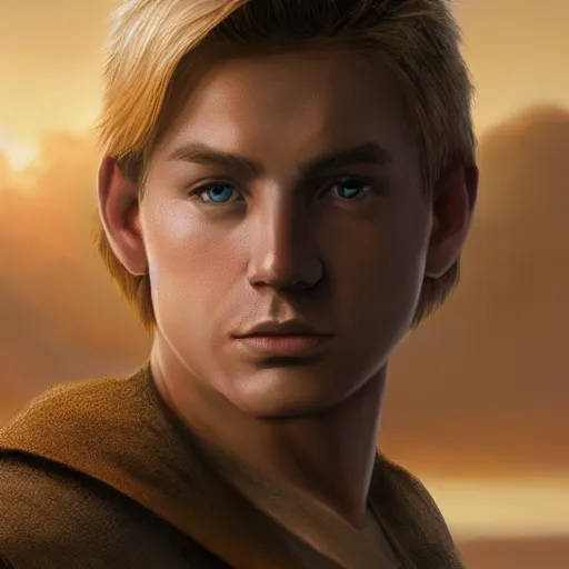 Image similar to a young blonde male jedi with short hair standing still looking at the sunset concept art by Doug Chiang cinematic, realistic painting, high definition, concept art