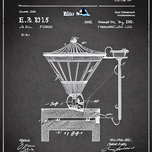 Image similar to plans for a horse - drawn coffee mill in the style of thomas edison. patent filing. detailed. hd