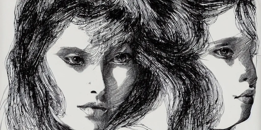 Image similar to ink lineart drawing of a beautiful woman, white background, etchings by goya, chinese brush pen, illustration, high contrast, deep black tones contour