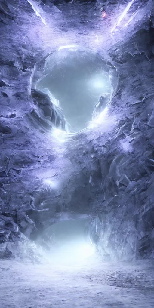 Image similar to interdimensional galaxy portal covered in frost, ice gate, volumetric light, volumetric fog, unreal engine, photorealistic, 8 k