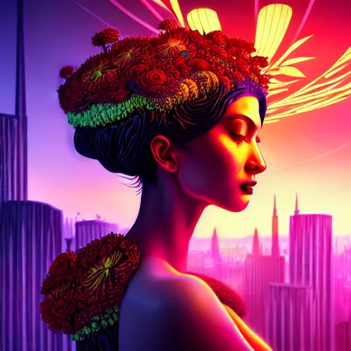 Image similar to Beautiful 3d render of the flower queen in a sensual pose, in the style of Dan Mumford and Johfra Bosschart, with a crowded futuristic cyberpunk city in the background, astrophotgraphy