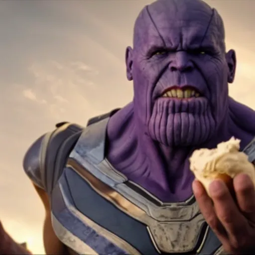 Image similar to film still of thanos eating an ice cream in the new avengers movie, 4 k