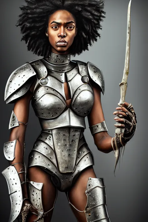 Image similar to a photorealistic painted portrait of an attractive young black girl, partially clothed in metal-plated battle armor, matt olive skin, long dark hair, flawless skin, beautiful bone structure, perfectly symmetric facial features, perfect photorealistic eyes, natural physique, intricate, elegant, digital painting, concept art, finely detailed, beautifully illustrated, sharp focus, minimal artifacts, from Metal Gear, by Ruan Jia and Mandy Jurgens and Artgerm and William-Adolphe Bouguerea, in the style of Greg Rutkowski, trending on Artstation, award winning art