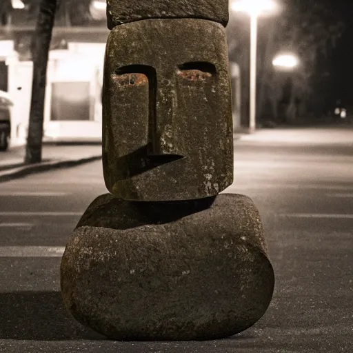 Image similar to a moai head statue skateboarding on the street, set at night