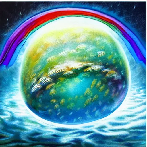 Image similar to ultra realist soft painting of a storm globe, underwater fish universe inside, symmetry accurate features, very intricate details, rainbow lighting, volumetric light water