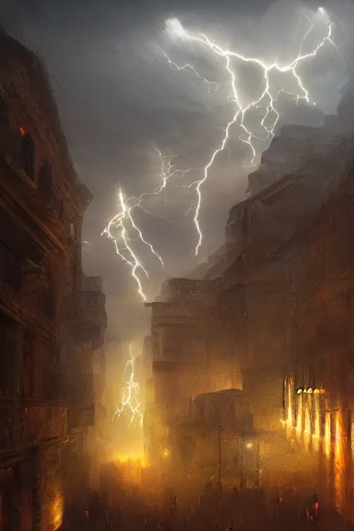 Image similar to ancient city of troy under a sky full of lightning, powerfull, intricate, elegant, volumetric lighting, digital painting, highly detailed, artstation, sharp focus, illustration, concept art, ruan jia, steve mccurry