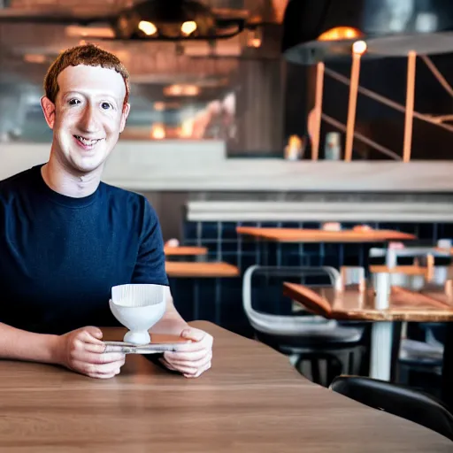 Prompt: Mark Zuckerberg as a restaurant waiter holding a coaster, EOS-1D, f/1.4, ISO 200, 1/160s, 8K, RAW, unedited, symmetrical balance, in-frame, Photoshop, Nvidia, Topaz AI