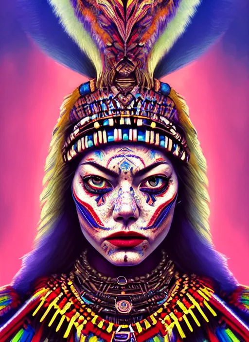 Image similar to portrait of emma stone, hyper detailed ultra sharp aztec shaman warrior. trending on artstation, warpaint aesthetic, bloodwave, colorful, psychedelic, ornate, intricate, digital painting, concept art, smooth, sharp focus, illustration, art by artgerm and greg rutkowski and h. r. giger, 8 k