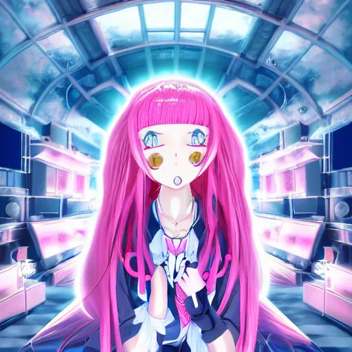 Prompt: trapped by stunningly beautiful omnipotent megalomaniacal anime asi goddess who looks like junko enoshima with symmetrical perfect face and porcelain skin, pink twintail hair and cyan eyes, taking control while smiling, inside her surreal vr castle, hyperdetailed, digital art, danganronpa, unreal engine 5, 2 d anime style, 8 k