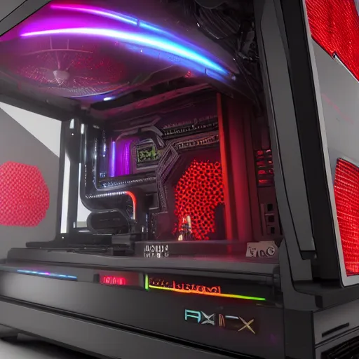 Image similar to cyberpunk gaming pc with rtx gpu, ultra detail, octane render