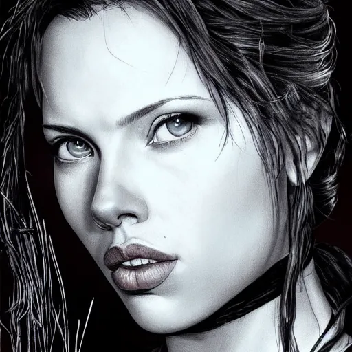 Image similar to Scarlet Johansson as Lara Croft highly detailed headshot Portrait.