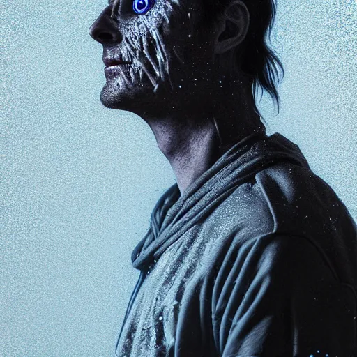 Prompt: photoreal cyberpunk portrait by nicola samori, very intricate! worker wearing a black hoody, glittering light leaks, electromagnetic waves!, blue glowing aggressive led eyes, zbrush, greeble skin, octane render, colani design, cyberpunk, dystopia tokyo