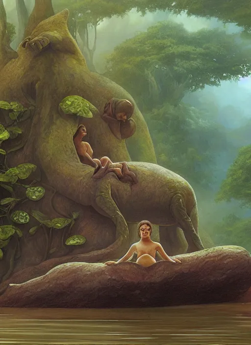 Prompt: a tardigrade meditating near a river in the amazon jungle, art by christophe vacher