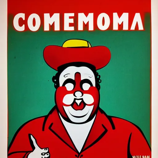 Image similar to fat communist clown portrait, soviet propaganda poster