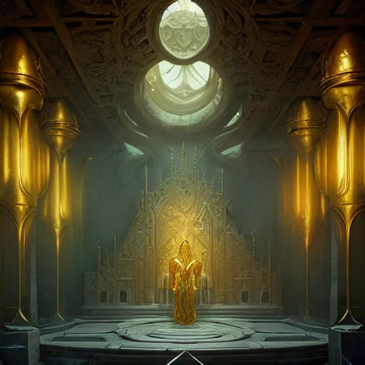 Image similar to long shot of the throne room of an elven castle, very sofisticated, marble and gold, by peter mohrbacher and dan mumford and nekro, cgsociety, volumetric light, 3 d render