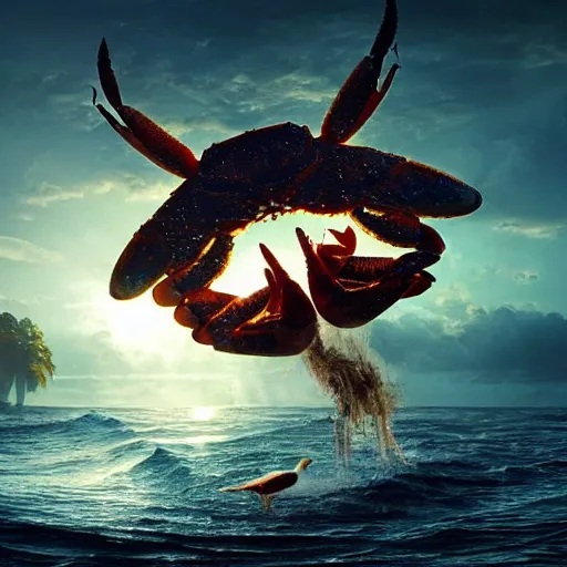 Prompt: enormous crab claw emerging from the water and snatching a bird out of the air, intense fantasy atmospheric lighting, hyperrealistic