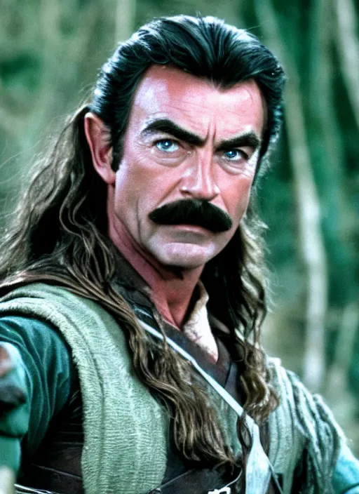 Prompt: film still of tom selleck as legolas in lord of the rings, 4 k