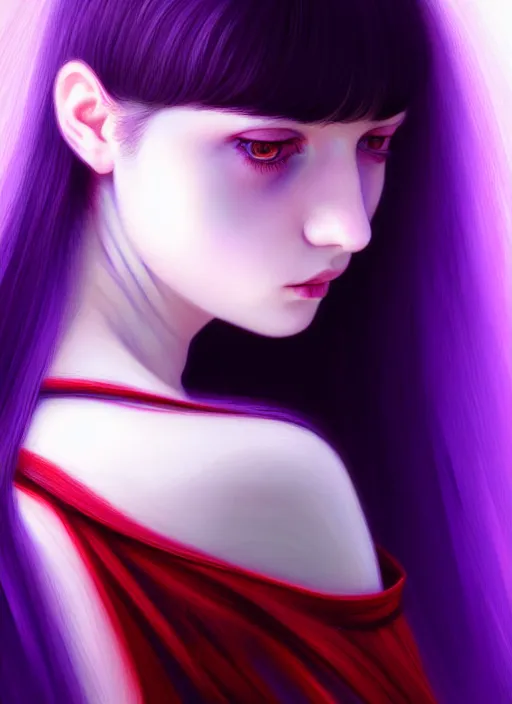 Image similar to portrait of teenage girl with white bangs, red irises, black hair, purple clothes, white bangs, bangs are different color from hair, intricate, front of hair is white rest is black, elegant, glowing lights, highly detailed, digital painting, artstation, concept art, smooth, sharp focus, illustration, art by wlop, mars ravelo and greg rutkowski