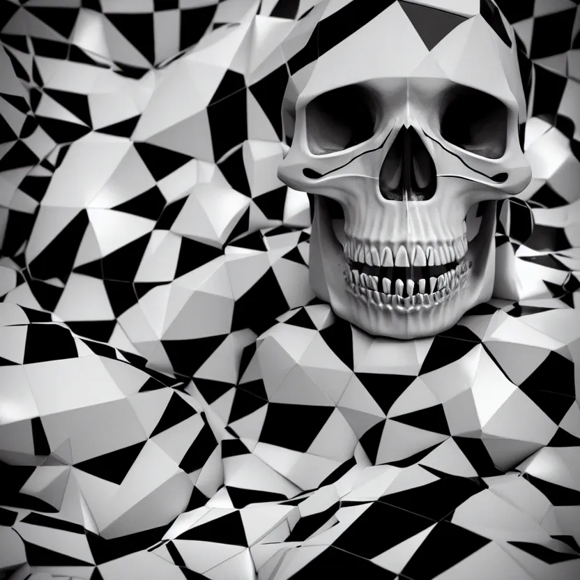 Image similar to black and white light 3D geometry, skull, matte bright highly detailed, poetic, 3D render, digital art, octane render, 8K artistic photography, photo-realistic, by Dora Maar