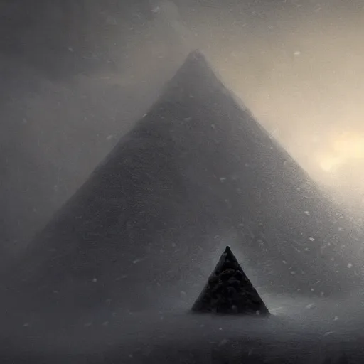 Image similar to cinematic shot epic portrait an snow pyramid in middle of an snowy forest, cloudy, foggy, blizzardy, broad light, ambient occlusion, volumetric light effect, made by ivan aivazovsky, peter mohrbacher, greg rutkowski, matte painting, trending on artstation, 4 k, perfectly defined features, digital painting, cinematic, epic, highly detailed,