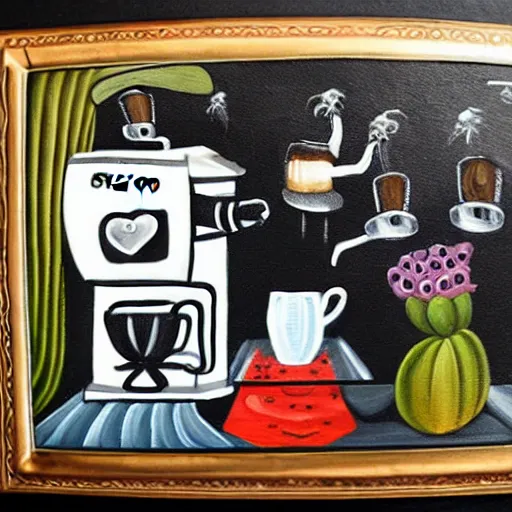 Prompt: a painting of haunted espresso machine that makes coffee from human souls