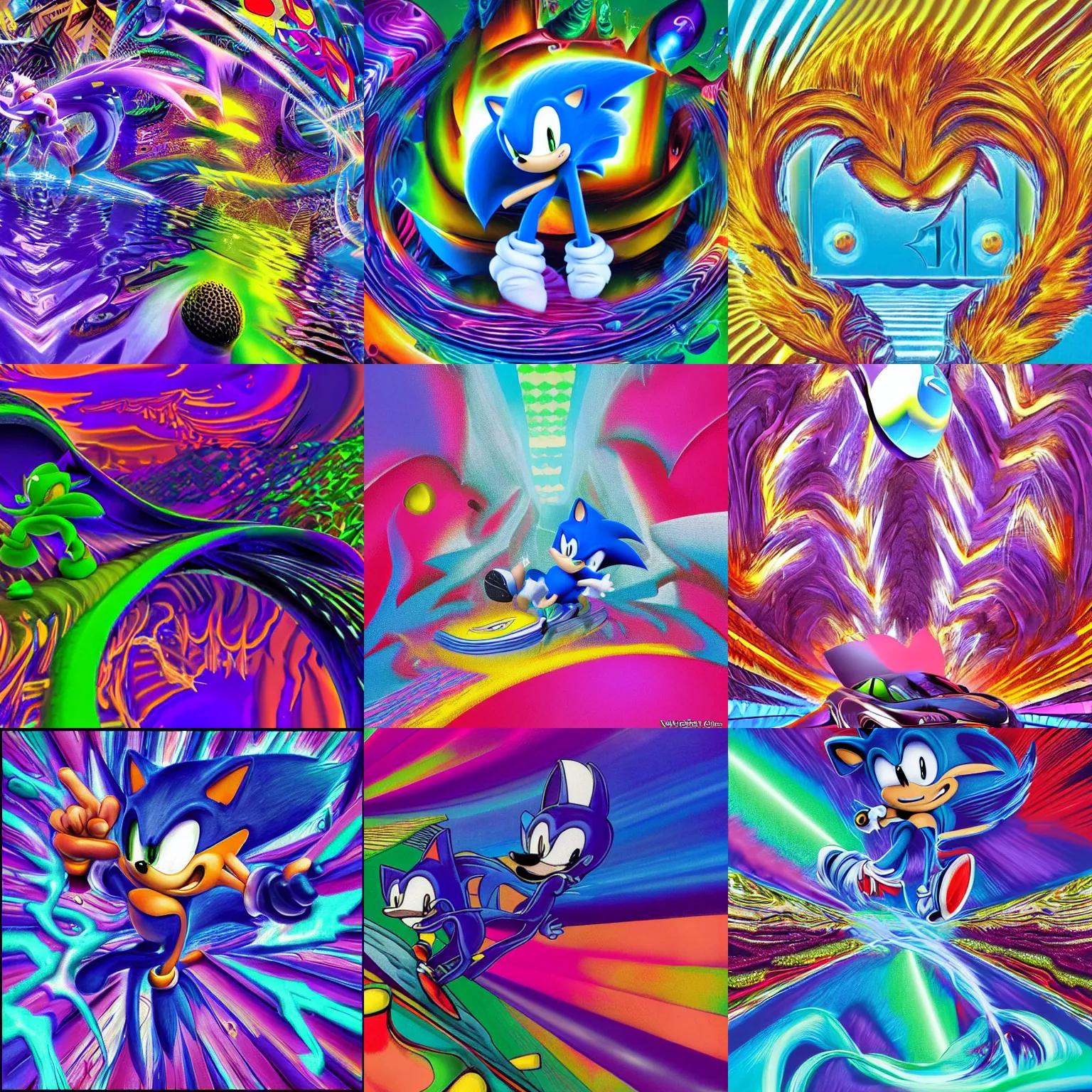 Prompt: sonic closeup of surreal, sharp, detailed professional, high quality airbrush art MGMT album cover of a liquid dissolving LSD DMT sonic the hedgehog surfing through liquid mirror tunnels, purple checkerboard background, 1990s 1992 Sega Genesis video game album cover