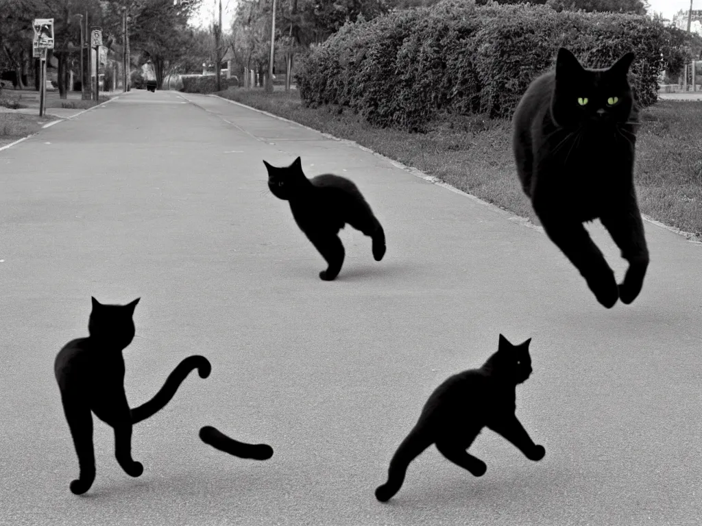 Prompt: MAN CHASES BY a Huge black CAT, VERY SCARY PHOTO, blak and white photo