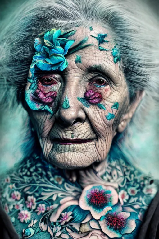 Prompt: hyperrealistic hyper detailed close-up side portrait of old woman covered in rococo flower tattoos matte painting concept art hannah yata very dramatic dark teal lighting low angle hd 8k sharp 35mm shallow depth of field