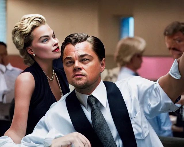 Prompt: leonardo dicaprio as the wolf of wall street next to margot robbie as naomi from the wolf of wall street, hyper realistic faces, detailed eyes, cinematic, long shot, hyper detailed, 8 5 mm photograph, 8 k resolution, film still, sharp lens, wide lens