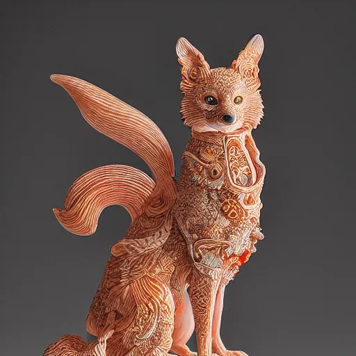 Image similar to a photo - real delicate ceramic porcelain sculpture of an ornate detailed kitsune in front of a intricate background by victo ngai and takato yamamoto, micro detail, backlit lighting, subsurface scattering, translucent, thin porcelain, octane renderer, colorful, physically based rendering, japanese pottery, trending on cgsociety