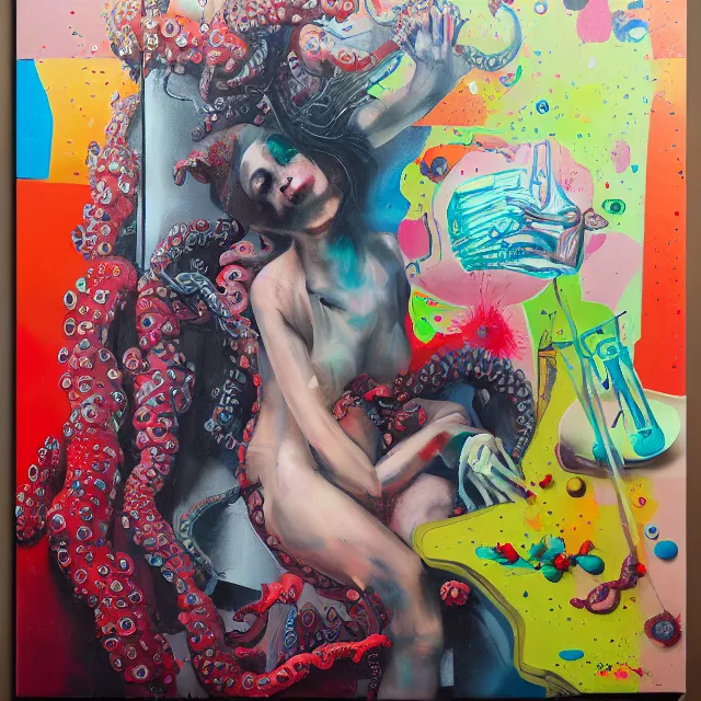 Image similar to acrylic and spray paint and oilstick on canvas, portrait of a female art student falling asleep, scientific research, crashcart, x - ray, sensual, blossom, squashed berries dripping, octopus, candlelight, neo - impressionist, surrealism