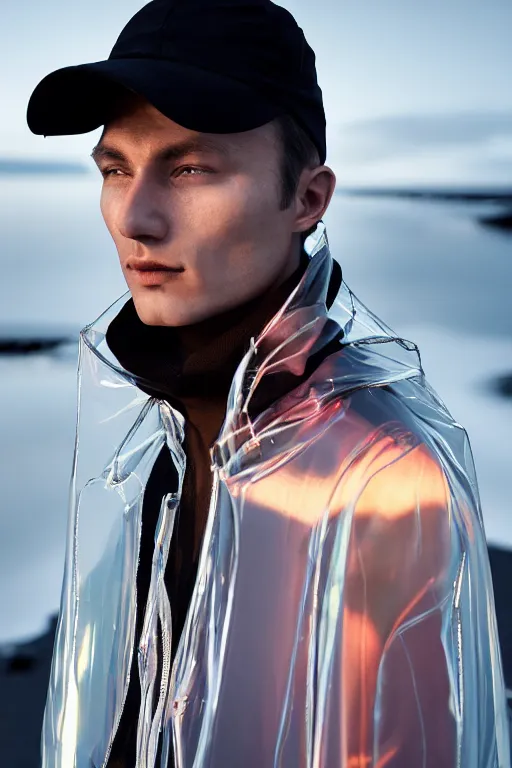 Image similar to an ultra high definition professional high fashion portrait studio full length photograph of a male model wearing a transparent pearlescent raincoat and neon visor in an icelandic black rock environment at dawn. no artefacts. extremely detailed. stark. refraction. shallow depth of field. volumetric light and shadow. ray tracing. light rays.