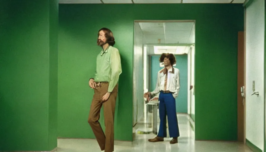Image similar to 70s movie still of a ill skinny man in a green wall hospital, eastmancolor, heavy grain, high quality, higly detailed, liminal space