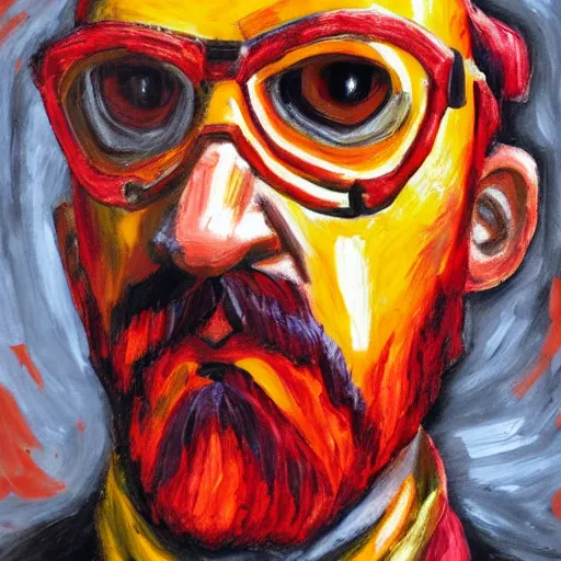 Image similar to an expressionism face portrait of Gordon freeman used with Impasto, dark oranges reds and yellows, note detailed