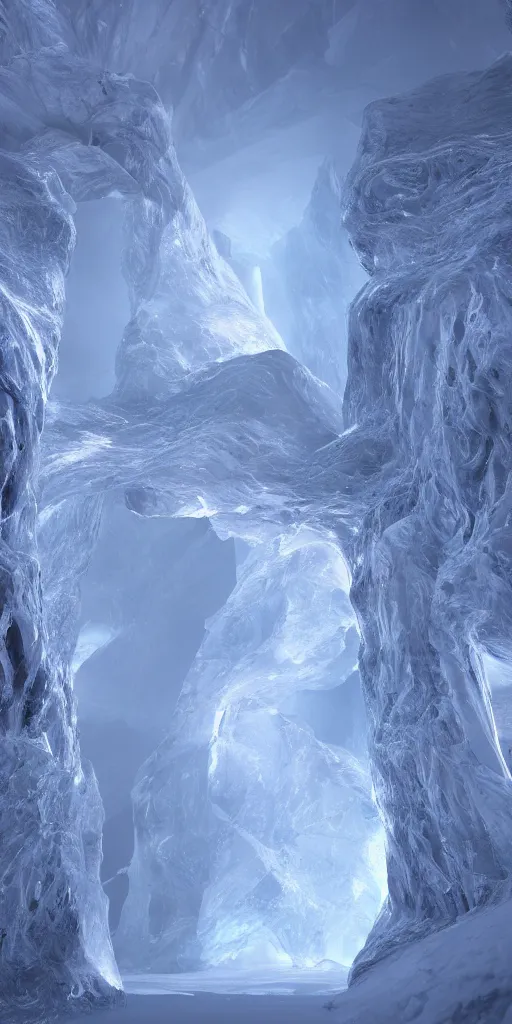 Image similar to interdimensional galaxy portal covered in frost, zaha hadid hyader alive, ice gate, volumetric light, volumetric fog, unreal engine, photorealistic, 8 k