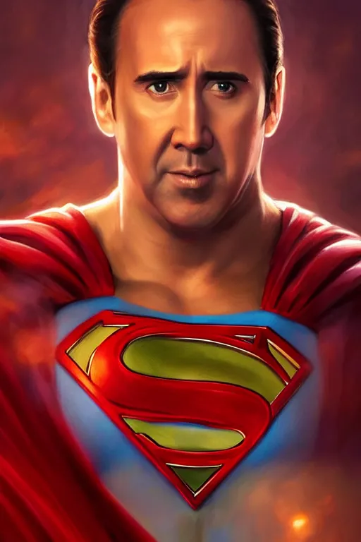 Prompt: Prtrait of Nicolas Cage as superman cinematic lighting, intricate, elegant, highly detailed, digital painting, artstation, painted by Artgerm and Mark Waid and Greg Rutkowski