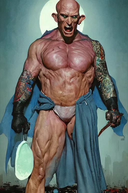 Prompt: exaggerated portrait of huge martyn ford as blue - skinned nosferatu wearing cape, helmet, butcher's apron, gigantic arms, by norman rockwell, jack kirby, alex ross, bergey, craig mullins, ruan jia, jeremy mann, tom lovell, 5 0 s science fiction, pulp scifi fantasy marvel illustration