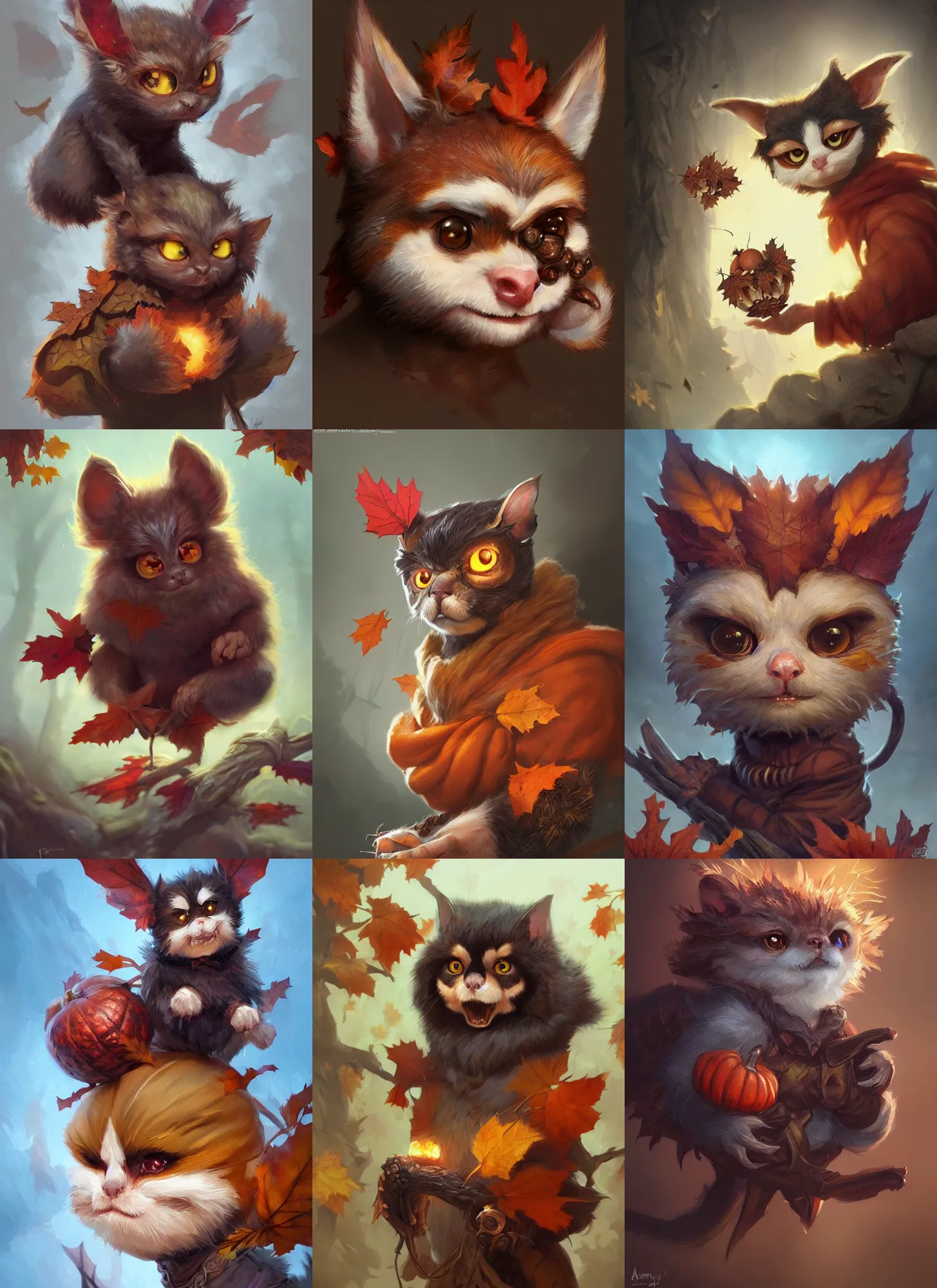 Prompt: cute autumnal mogwai, d & d, fantasy, portrait, highly detailed, digital painting, trending on artstation, concept art, sharp focus, illustration, art by artgerm and greg rutkowski and magali villeneuve