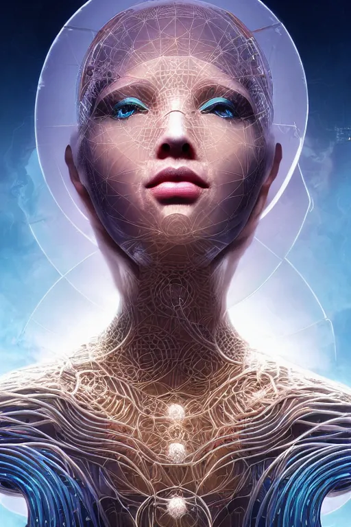 Image similar to a centered render of an alien bio - organic goddess adorned with cables and synthesizer parts is surrounded by sacred geometry, full body, gorgeous face, perfect face, powerful, cinematic, beautifully lit, by artgerm, by karol bak, 3 d, trending on artstation, octane render, 8 k