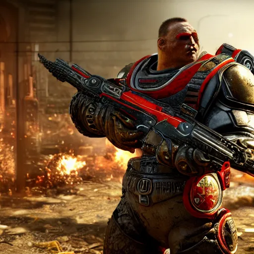 Prompt: burger king kurger bing mascot in gears of war, cinematic shot, hyperdetailed