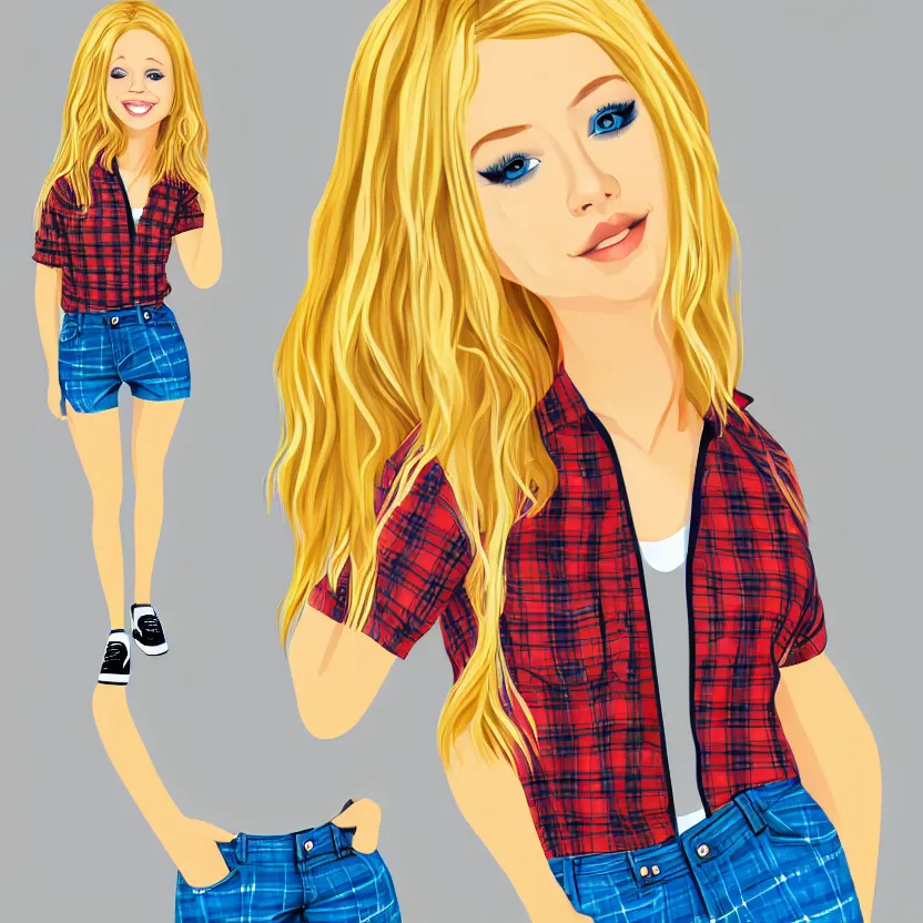 Prompt: cute young blonde girl wearing plaid and jean shorts, clip art, trending on artstation, 8 k,