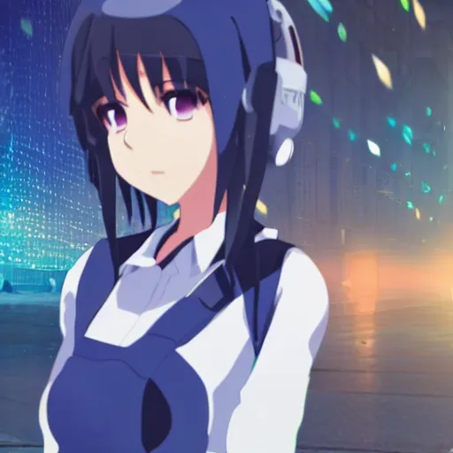 Image similar to anime waifu wearing OSHA compliant clothing, anime key visual, Makoto Shinkai, bokeh, Long shot, Midday,