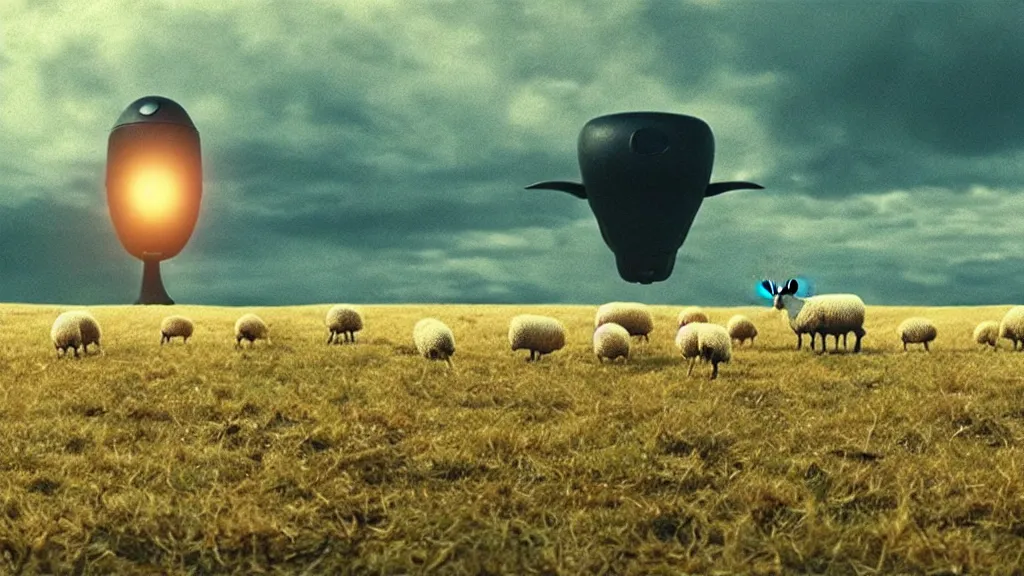 Prompt: sheep in a field being abducted by a ufo!, film still from the movie directed by directed by denis villeneuve