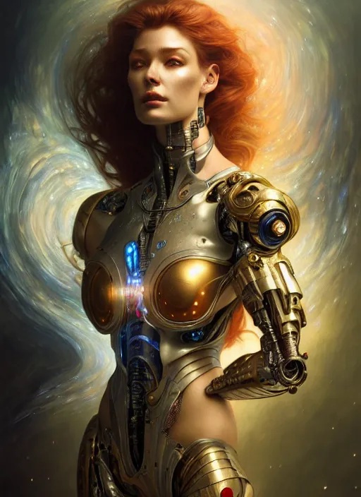 Image similar to cyborg recharging, diffuse lighting, fantasy, intricate, elegant, highly detailed, lifelike, photorealistic, digital painting, artstation, illustration, concept art, smooth, sharp focus, art by John Collier and Albert Aublet and James jean and Brian froud and ross tran and Artem Demura and Alphonse Mucha