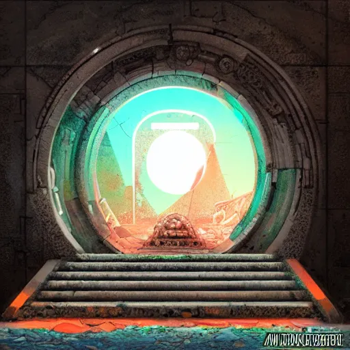 Image similar to a portal in the floor, ancient ruins, epic retrowave art, trending on art station